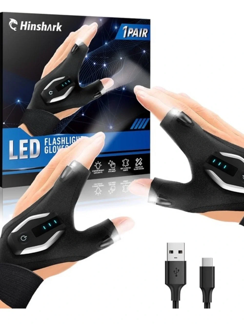 🫶🏻 Black LED Flashlight Gloves - Rechargeable Work Gloves (Pair)